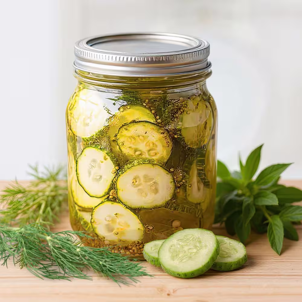 A mason jar filled with bread and butter pickles, sitting on a wooden surface with fresh dill and cucumber slices nearby.
