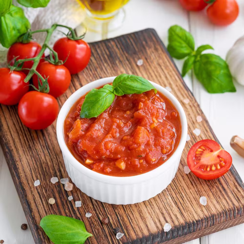 White ramekin filled with marinara sauce topped with basil leaves, surrounded by fresh tomatoes, basil, garlic, and salt crystals on a wooden board.