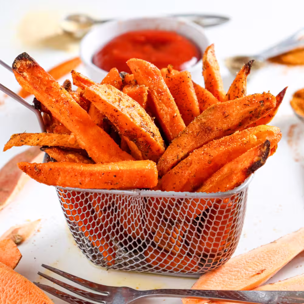 Golden air fryer sweet potato fries in a small metal basket with ketchup behind