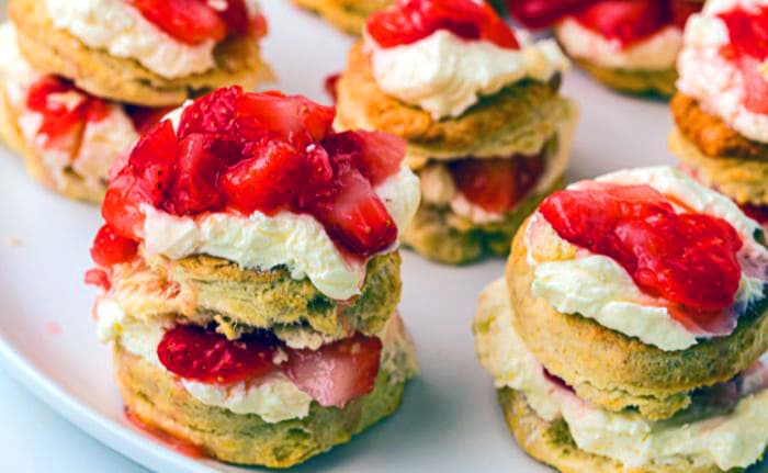 An assembled strawberry shortcakes ready to be eaten