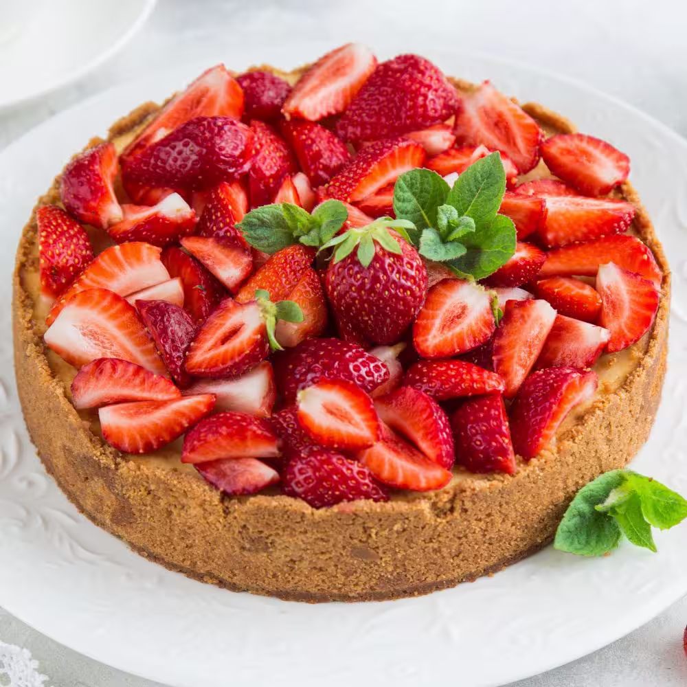 strawberry cheesecake on a decorative white plate